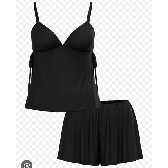 Victoria Secret‎ Ribbed Modal Velvet Trim Cami Shorts Set Black Size Medium NWT - Picture 3 of 14